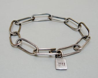 Oxidized Sterling Silver Chain Link Bracelet, Hammered Design