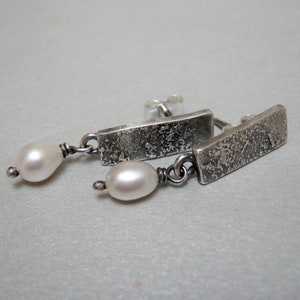 Rustic silver stud earrings with pearl dangles, minimal earrings, design earrings, handmade earrings