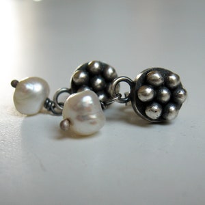 Pearl silver stud earrings, small dangle earrings, handmade jewelry