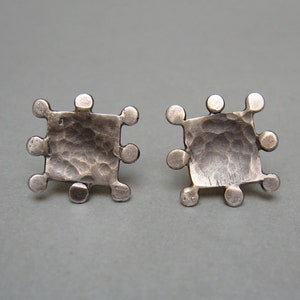 Rustic silver square stud  earrings, handcrafted earrings, geometric earrings