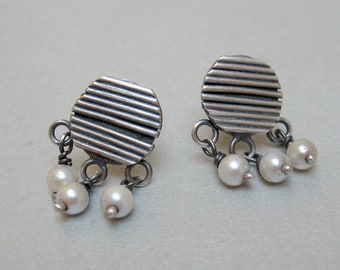 Pearl silver earrings, rustic earrings, design earrings, button earrings, wedding earrings