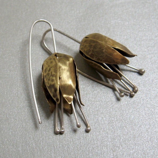 Brass and sterling silver flower bud earrings, handmade earrings, floral earrings, dangle earrings