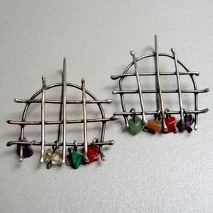 Sterling Silver Dangle Earrings: Raw Gemstone Grid Design