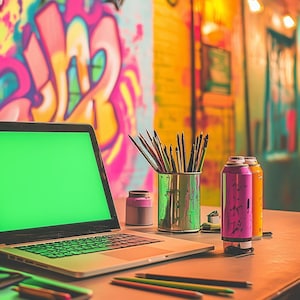 Graffiti Tech Backdrops: Green Screen Scenes with Phones & Screens. 8 High Quality Pictures