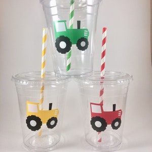 TRACTOR PARTY CUPS Birthday Farm Farming Barn Animal Disposable Custom Colors Free Green Yellow Plow