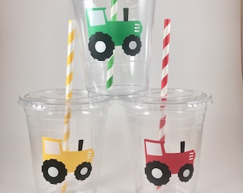 TRACTOR PARTY CUPS Birthday Farm Farming Barn Animal Disposable Custom Colors Free Green Yellow Plow
