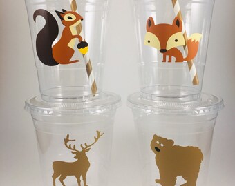 Woodland Animals PARTY CUPS Forrest Animal Birthday Theme WITH Lids and Straws