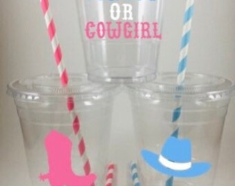 Cowboy or Cowgirl Baby Gender Reveal Party Cups Set Cup Lid Straws