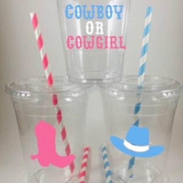 Cowboy or Cowgirl Baby Gender Reveal Party Cups Set Cup Lid Straws