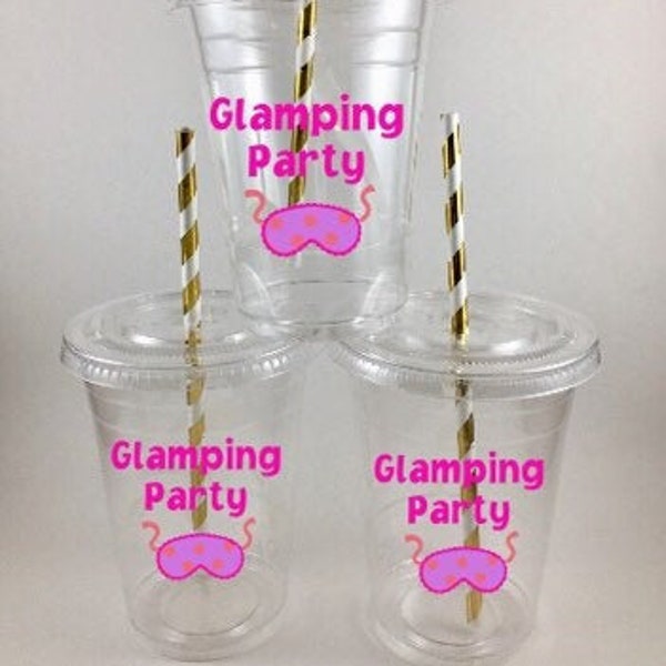 GLAMPING PARTY CUPS Disposable Girls Glam Camping Slumber Party Lids Straws Birthday Sleepover