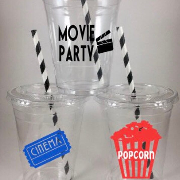 Movie Night Party Cups Disposable with Lids Straws Decorations Custom Colors Free