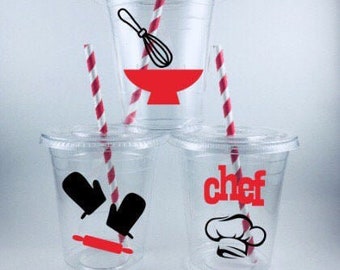 Chef Party Cups Cook Cooking Baking Birthday  Lids Straws Favors Personalized