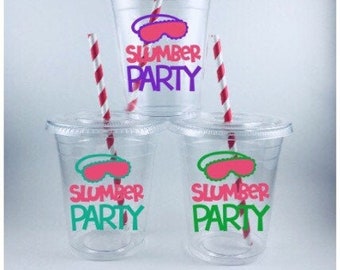 Slumber Party Cups Sleepover Disposable With Lids and Straws Spa Pajama Parties Customized Names Personalized