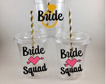 Bride Squad PARTY CUPS Bachelorette WITH Lids Straws Custom Colors Personalized Names