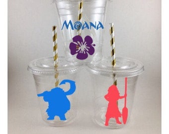 MOANA PARTY CUPS Birthday Cup Set Personalized With lids and straws