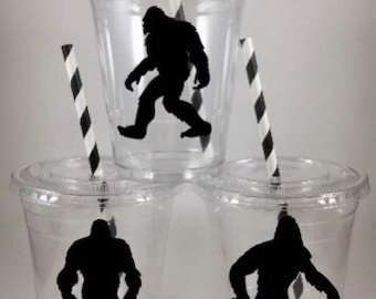Bigfoot PARTY CUPS Sasquatch Birthday With Lids Straws Personalized Disposable