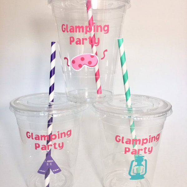 Girls GLAMPING PARTY CUPS Camping Cup Set Girl Colors Glam Cup Set with Lids/Straws