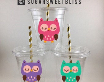 Owl Party Cups Birthday Cup Favors Owls Lids Straws CUSTOM COLORS FREE