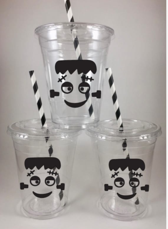Halloween Frakenstein Monster Party Cups Face Lids Straws Faces