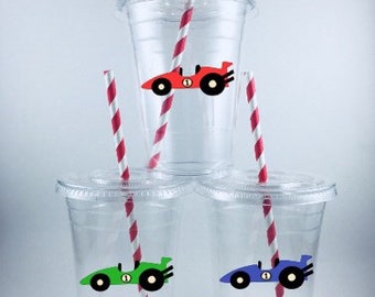 RACE CAR CUPS Birthday Party Cup Set With Lids/Straws Custom Colors Available Racing