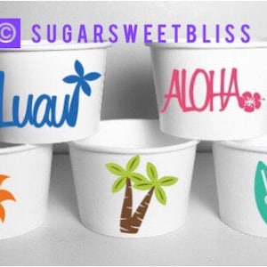 May include: Set of six white paper cups with different Hawaiian-themed designs. The designs include a palm tree with the word "Luan", a palm tree with the word "Aloha", a sun, two palm trees, and two surfboards.