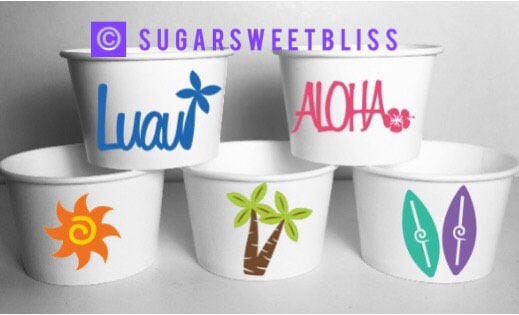 Luau Party Favors Snack Cups Food Bowls Containers Hawaii BBQ Tiki Beach Bash Aloha Surfboard Personalized Customized
