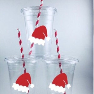 Christmas plastic cups with straws and lids, snowmen and santa hat designs  - Holiday party cups, Christmas party cups