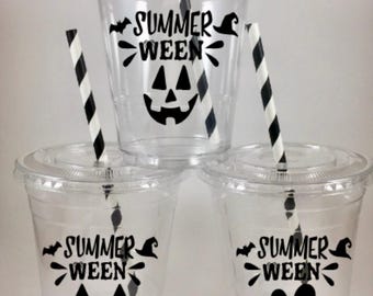 Summerween Halloween PARTY CUPS Pumpkin Faces Lids Straws Pumpkins Jack O Lantern Summer ween