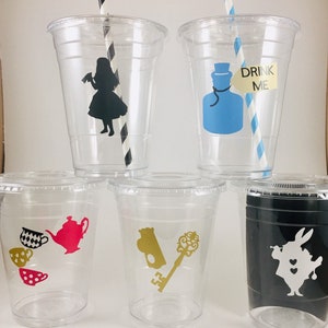 Alice In Wonderland Cups Disposables Cup Set Lid and Straws Birthday
