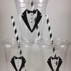 Tuxedo Party Cups Disposable Lids Straws Mens Birthday Bachelor Black Tie