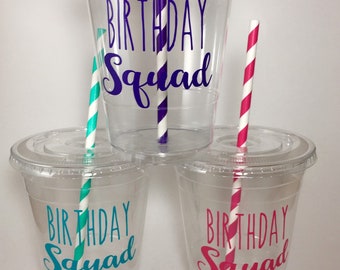 Birthday Squad Party Cups Disposable Cup Set WITH Lids and Straws Crew