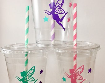 FAIRY Birthday PARTY CUPS Cup Set With Lids and Straws Custom Colors Are Free