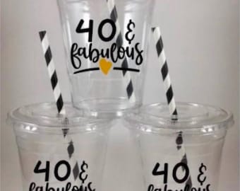 40 & Fabulous Party Cups Forty Disposable 40th Birthday Lids and Straws Customized Colors Free