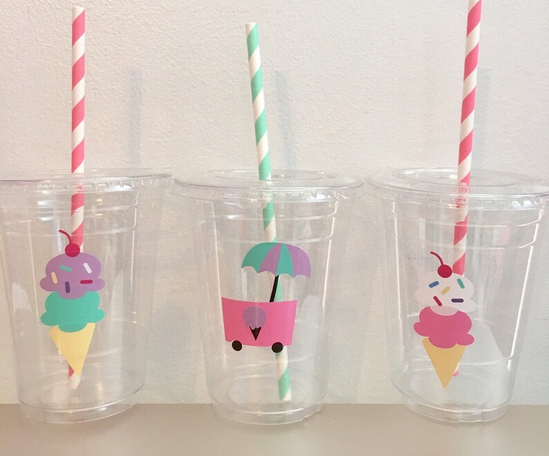 Ice Cream Cone Party Cups Disposable Personalized Cup With Lid and Straw Dessert Birthday image 1