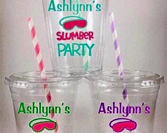 Slumber Party Cups PERSONALIZED NAME Sleepover Disposable with Lids/Straws Customized