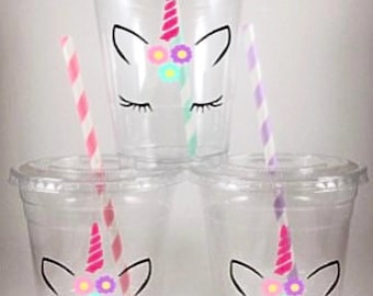 Unicorn Party Cups Unicorns Disposable with Lids Straws Birthday Favors