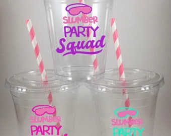 Slumber Party SQUAD Cups Sleepover Disposable with Lids/Straws Birthday