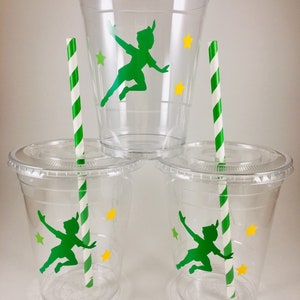 Peter Pan PARTY CUPS Birthday Favors Personalized Lids and Straws Neverland