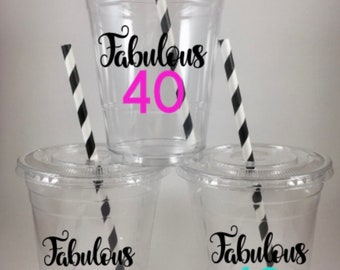 Fabulous 40 Birthday PARTY CUPS with Lids and Straws Forty 40th Personalization Available