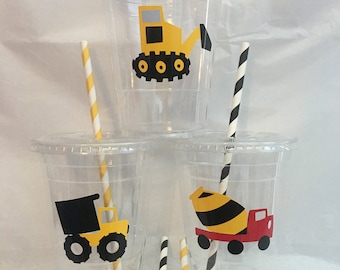Construction Party Cups Birthday Favors Cup Road Work Utility Vehicles Dump Truck Disposable