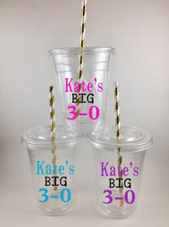 Birthday Party Cups PERSONALIZED NAME and AGE Big 30 40 50 60 With Lids and  Straws