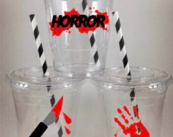 Horror PARTY CUPS Bloody Scary Birthday With Lids Straws Personalized