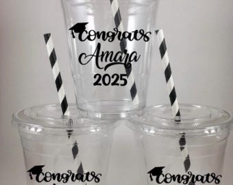 Graduation Party Cups PERSONALIZED Name 2024 Grad Disposable with Lids Straws