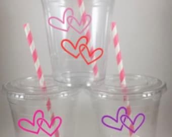 Valentine's Day Party Cups Hearts With Lids and Straws Love Disposable Heart