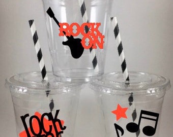 Rock Rockstar PARTY CUPS Birthday Set Rock Star Guitar With Lids Straws Personalized