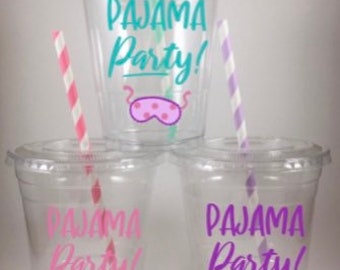 PAJAMA PARTY CUPS With Lids and Straws Sleepover Slumber Party Cup Set
