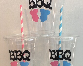 BBQ Baby Gender Reveal PARTY CUPS BabyQ Barbecue Pink Blue Cup Shower Set With Lids/Matching Straws