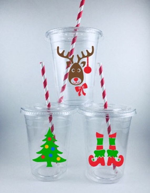 Christmas Party Cups Kids Table Cup Lids/straws Disposable Reindeer Elf  Tree 