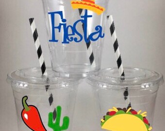 Fiesta PARTY CUPS Taco Shower Birthday With Lids Straws Cinco De Mayo
