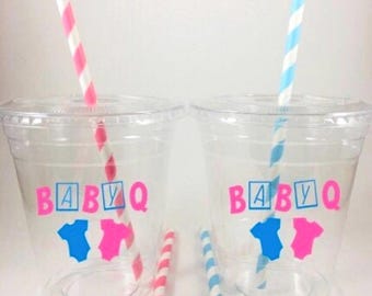 Baby Q Gender Reveal BBQ PARTY CUPS With Lids Straws Custom Colors For Free